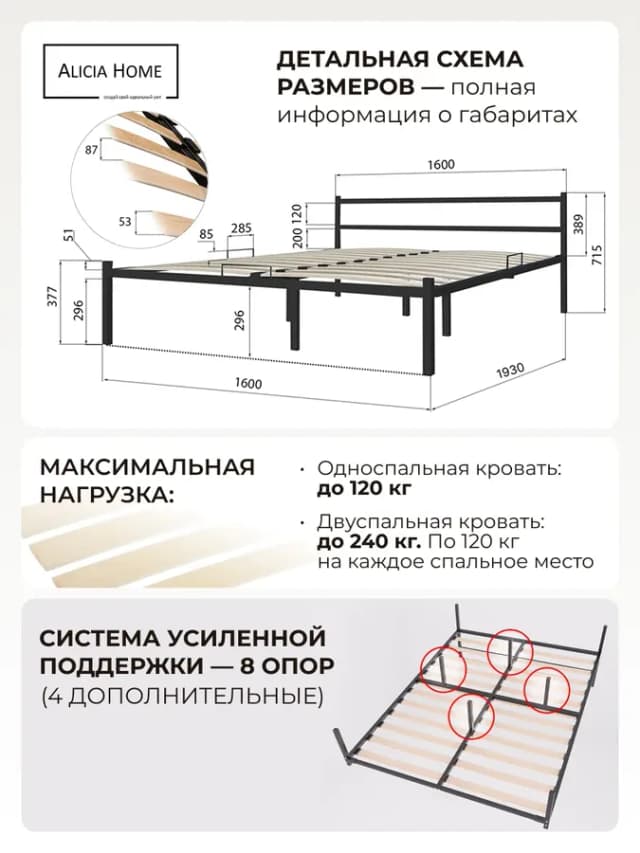 Кровать 160x190 двуспальная металлическая ALICIA