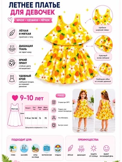 Летнее платье для девочки beach style легкое floral kids dress summer outfit — 1611104-CHOMILISHKIYIMI-ЖЕЛТ-7 лет