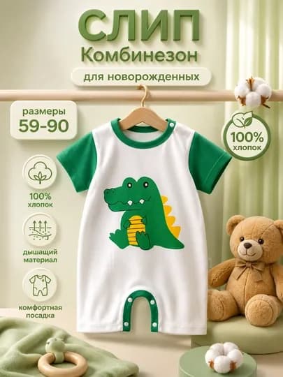 Детская одежда для новорожденных, 100% хлопок, летний комбинезон-слип — NOZLADY-SLIPYOZ10-ЗЕЛЕН-36МЕС