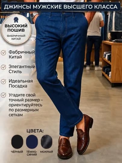 Мужские джинсы классические лето-осень, прямой крой, элегантные, премиум качество — ECONSHO-JEANS10-ТЕМНСИН-48