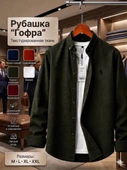 Мужская рубашка-поло летняя гофра, Качественный материал, Элегантный стиль — ECONSHO-РУБАШКА10-ТЕМНЗЕЛ-48
