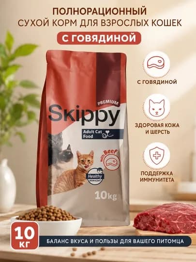 Skippy сухой корм для кошек с говядиной 10кг — WINNY-SKIPPYADULTCAT-SkpCB10