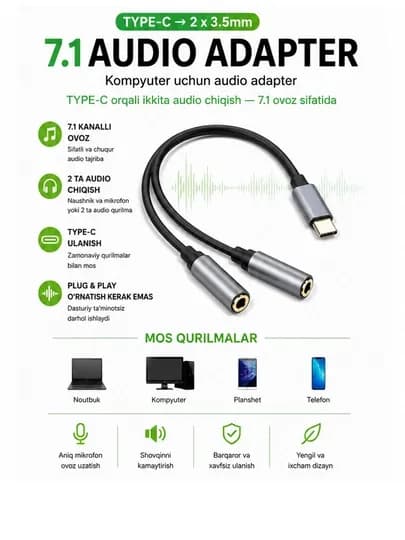 Кабель-адаптер Jinghua USB на 2x3,5 мм AUX, стерео, Plug & Play, совместимость с 1080P — PRECOM-0132TYPCAUXZH