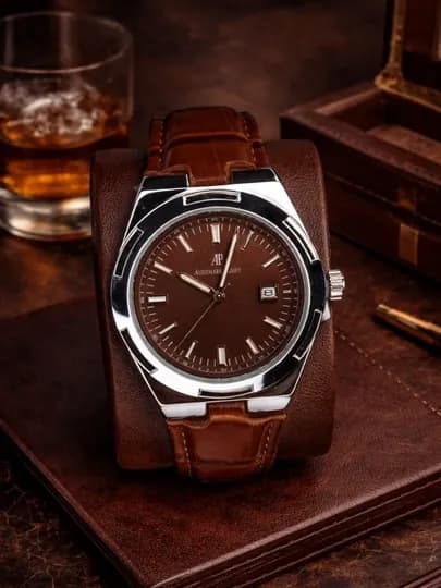 Мужские наручные часы Audemars Piguet с синим циферблатом и датой — BOSSWAT-125W006-КОРИЧН