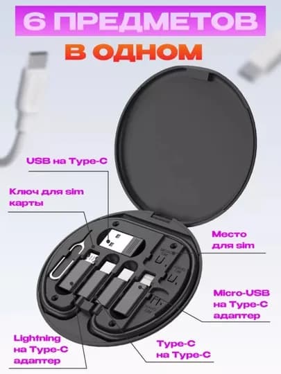 Кабель для зарядки 3 в 1 lightning iphone micro usb type c — QC01-ZHUANHUAQI-ЧЕРН