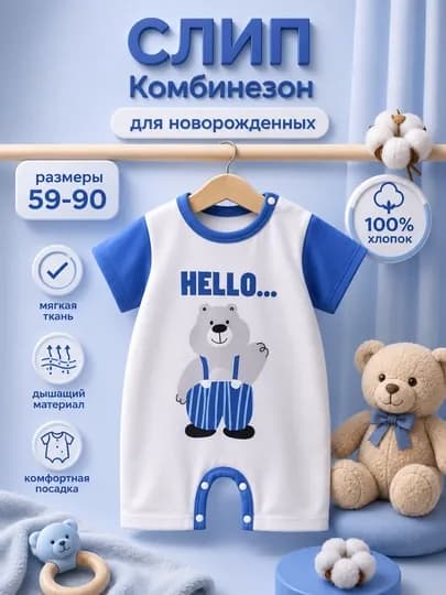 Детская одежда для новорожденных, 100% хлопок, летний комбинезон-слип — NOZLADY-SLIPYOZ10-СИНИЙ-912МЕС