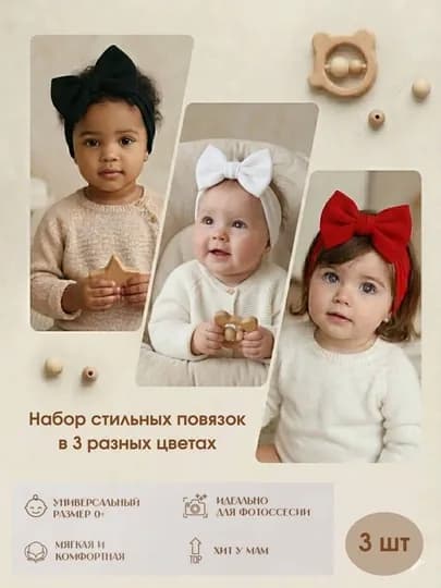 Повязка на голову для девочек, ободок для волос с бантом, 3 шт в наборе, эластичная — MUNEE-POVYAZKA-АЛЫЙ