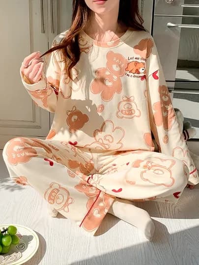Пижама для женщин и девочек, двойка, кофта и штаны для дома, 2 в 1 — BBWEAR-PIJAM16-БЕЖЕВ-Freesize-M/L