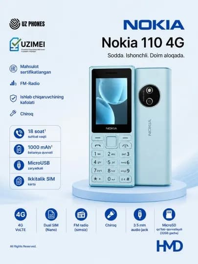 Кнопочный телефон Nokia 110 Две SIM-карты FM-радио Фонарик — PRIMTEL-NOKIA110-ГОЛУБ