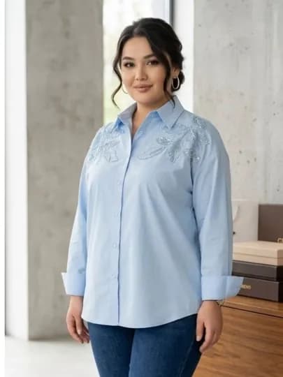 Женская рубашка больших размеров 50-56, oversize, 100% хлопок, стильная блузка с декором — UNIM123-KOFTASIZE-ГОЛУБ-Ovesize