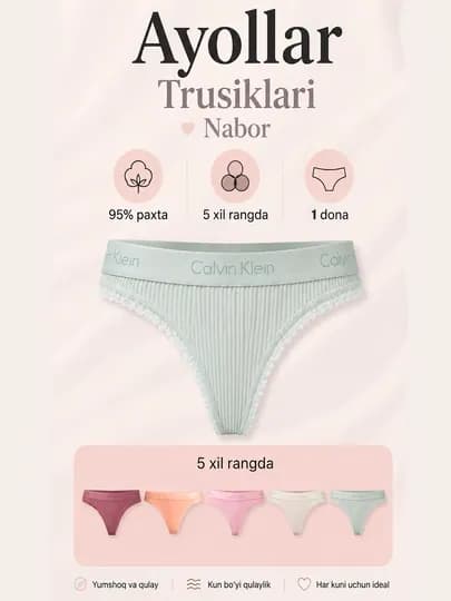 Женские трусы Calvin Klein, из хлопка 95%, 1 шт, слипы и стринги — ALTEX-ЖЕНСНАБОР5-САЛАТ-S